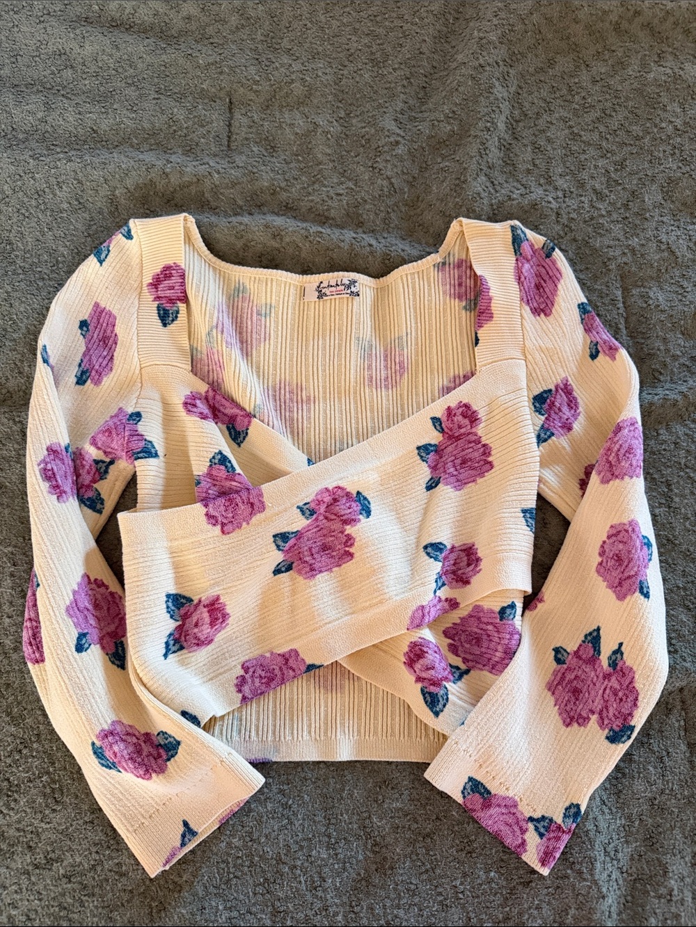 Free People Cream Knit Wrap Crop Top with Pink Floral Print